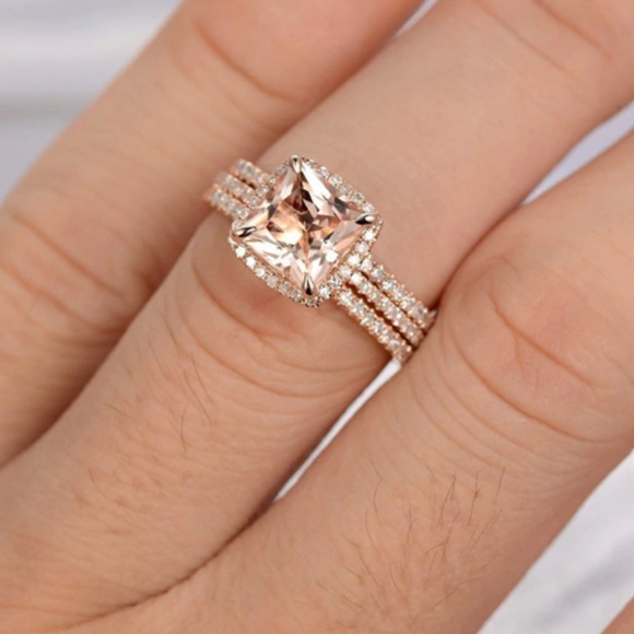 3 pcs Morganite CZ Engagement Wedding Ring Set - Picture 4 of 4